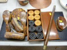 Large set of turned wooden draughts in a mahogany lidded box with board, a vintage part of a flute