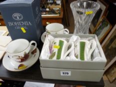 Bohemia lead crystal vase, two Royal Worcester 'Evesham' cups and saucers and a boxed pair of floral