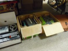 HMV reel to reel tape recorder, two boxes of photographic items and a portable typewriter etc