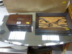 Rosewood boxed parcel of geometric instruments, a carved wooden alpine picture and a decorative