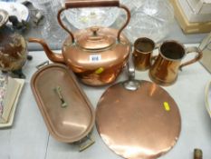 Antique copper and iron handled skillet, a Victorian copper kettle, a small fish kettle and two