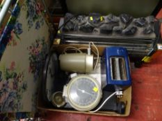 Mixed parcel of electric coal effect fire, toaster, scales and a floral garden recliner E/T