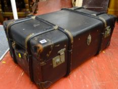 Wooden banded travel trunk initialled 'J K'