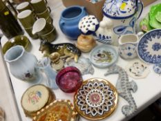 Parcel of mixed pottery including Royal Winton green dishes and a blue bulbous twin handled Royal