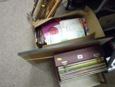 Case of LP records, box with large quantity of 45rpm records and a framed print of a map of Wales