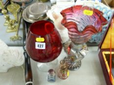 Vintage EP table lamp, ruby coloured brandy glass, silver topped scent bottle etc