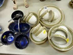 Vintage part teaset and a quantity of chrome table dishes with blue glass liners