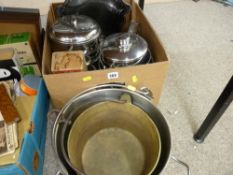 Box of modern stainless steel cooking pans, vintage brass and iron swing handled preserve pan and