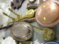 Long handled copper warming pan, quantity of vintage brassware, an EP lidded entree dish