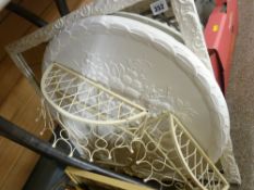 Painted frame wall mirror, two wirework shelves, plaster ceiling rose etc