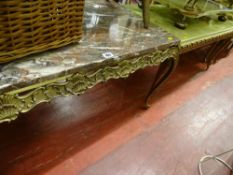Faux marble topped coffee table and a faux onyx and metal framed table