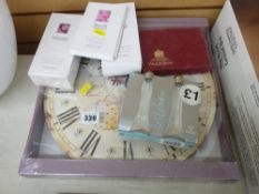 Boxed kitchen wall clock, quantity of boxed cosmetics, Waddingtons playing cards, Indian hard wood