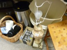 Parcel of mixed stainless steel and other kitchen items, shopping basket, alabaster effect table