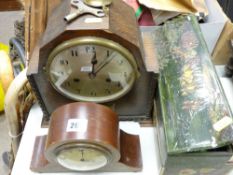 Polished dome topped mantel clock and another and two old tins of mixed dress jewellery