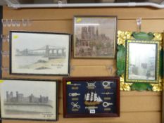 Pair of tinted prints - Caernarfon Castle and the Menai Bridge, small framed tapestry, small