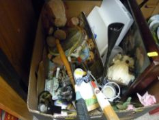 Box of mixed items - soft toys, badminton racquets, mixed items etc