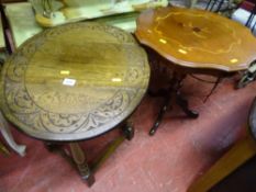Small twin flap carved occasional table and a single column inlaid occasional table