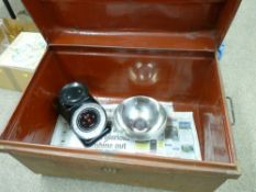 Boxed set of modern kitchen scales and a vintage tin trunk