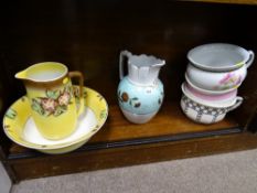 Pottery toilet jug and basin, a pottery toilet jug and three pottery chamber pots (bottom shelf)