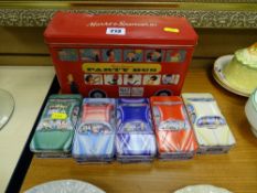 Set of five Ian Langs tin bus and car biscuit tins