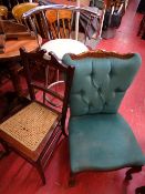 Chrome bar stool, woven seated bedroom chair and a button backed upholstered bedroom chair