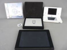 Amazon electronic tablet, Kindle type notebook and a Nintendo Exspect hand held games player