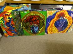 JOHN CHERRINGTON six unframed oils on board - figural and abstract scenes, various sizes