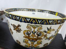 Large pedestal faience ware bowl, the body decorated with mythical figures, animals and birds, 19