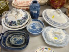 19th Century floral lustre lidded tureen and other blue ware