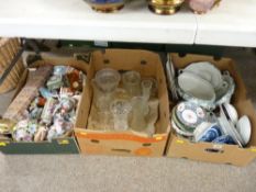 Box of glassware, box of mixed pottery and a box of numerous figurines and floral posies etc
