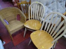 Modern pine farmhouse chair, two painted examples and a bamboo and wicker armchair