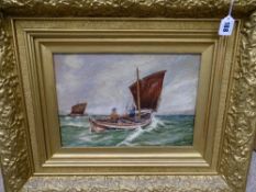 BRITISH SCHOOL oil on canvas - seascape, two figures in a fishing smack in rough seas, 24 x 34.5