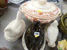 Staffs pottery black seated hen on nest (chipped rim), two other hens on nests and an oval tureen
