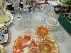 Large parcel of mixed glassware, bell decanter and three carnival glass dishes etc