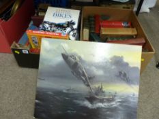 Two boxes of reference and motorcycling books etc and an unframed painting by E A PARKER of