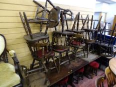 Quantity of pub furniture - three square topped pedestal tables, three short upholstered top