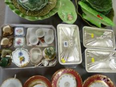 Tray of small novelty china pieces and three glass vegetable serving dishes with plated lids