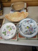 Pair of boxed circular fruit serving dishes in plated stands, an oval lustre vase and a 19th Century