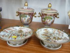 Pair of Oriental reproduction twin handled vases with covers and a pair of Satsuma figural