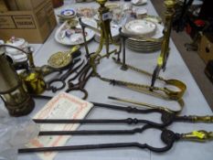 Good parcel of metalware - brass blow lamp, two block salt steel tongs, pair of brass handled fire