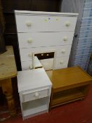 Good melamine chest of six drawers, bedside cabinet, magazine table and a framed wall mirror