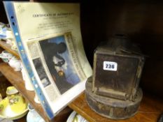 Interesting tinplate British Railways Western lamp with extensive description and paperwork relating
