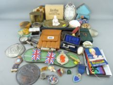 Mixed tray of collectables including a leather cigar case, mauchline ware box, quantity of badges