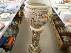 Very large Oriental Satsuma jardiniere on a pedestal stand