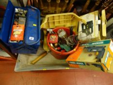 Metal wheelbarrow, cantilever tools with contents of screws and fixings, Black & Decker drill etc