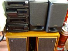 Technics hifi multi-system with speakers along with a wooden cabinet and two Dynatron speakers E/T