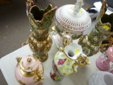 Large Capodimonte lidded vase on a square base, pair of pottery vases and two others