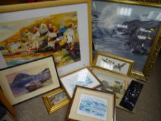 Large gilt framed print - breaking seas on a rocky coast (fading) and parcel of other small prints