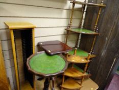 Parcel of furniture to include four shelf whatnot, three shelf whatnot, CD tower and two single