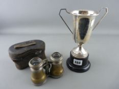 Silver two handled presentation trophy and a cased pair of vintage opera/field glasses